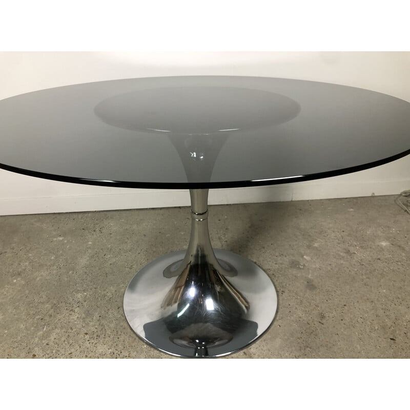 Ronde vintage tulptafel in chroom en rookglas, 1970