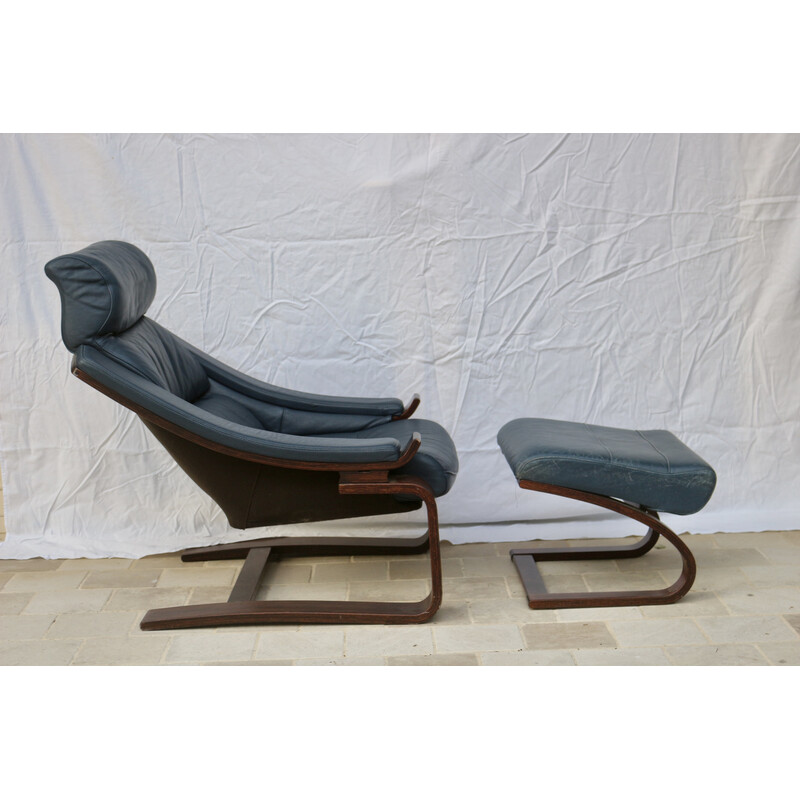 Fauteuil vintage Kroken en cuir bleu avec repose-pieds par Ake Fribytter pour Nelo Möbel, Suède 1970