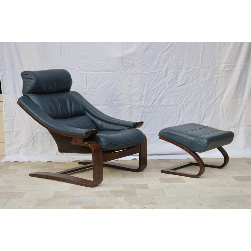 Vintage Kroken armchair in blue leather with footrest by Ake Fribytter for Nelo Möbel, Sweden 1970