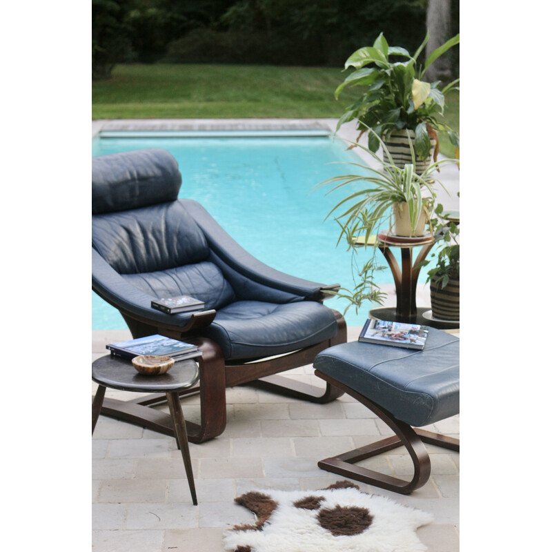 Vintage Kroken armchair in blue leather with footrest by Ake Fribytter for Nelo Möbel, Sweden 1970