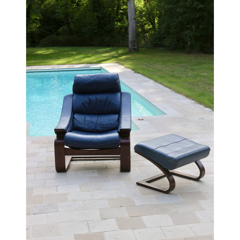 Vintage Kroken armchair in blue leather with footrest by Ake Fribytter for Nelo Möbel, Sweden 1970