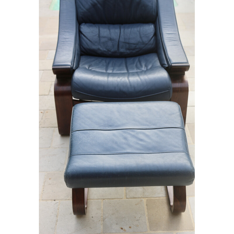 Fauteuil vintage Kroken en cuir bleu avec repose-pieds par Ake Fribytter pour Nelo Möbel, Suède 1970