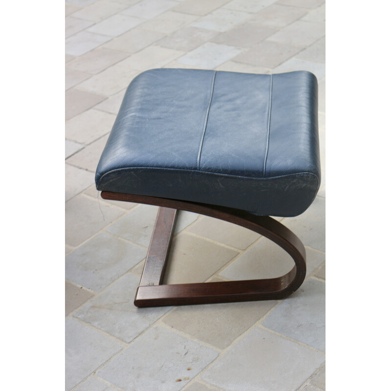 Vintage Kroken armchair in blue leather with footrest by Ake Fribytter for Nelo Möbel, Sweden 1970