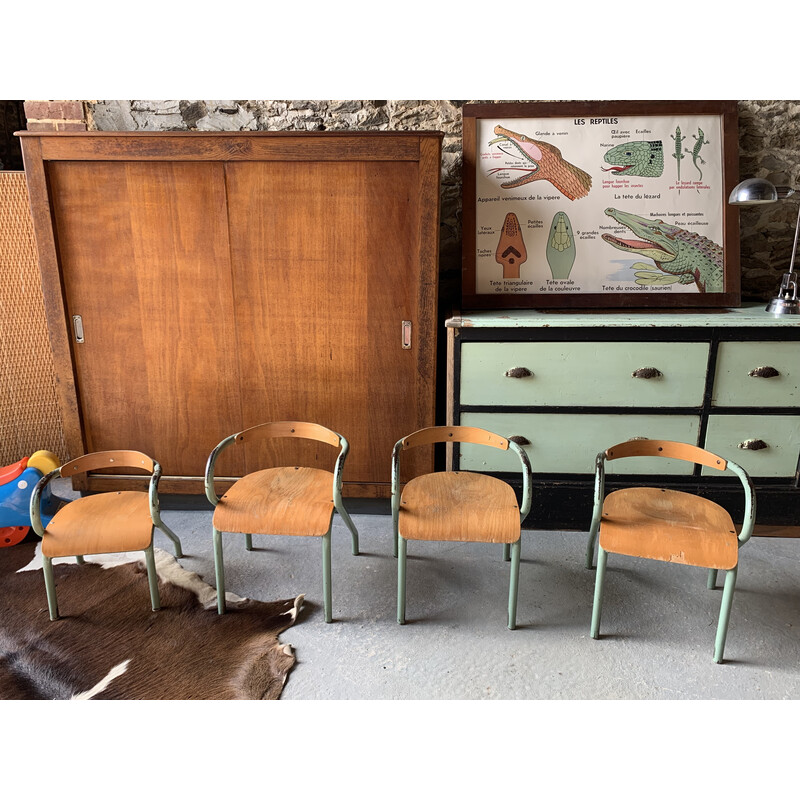 Conjunto de 4 cadeiras de criança vintage em madeira e metal