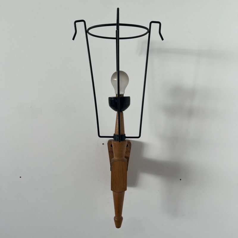 Mid-century oakwood single wall lamp by Guillerme et Chambron, France 1960s