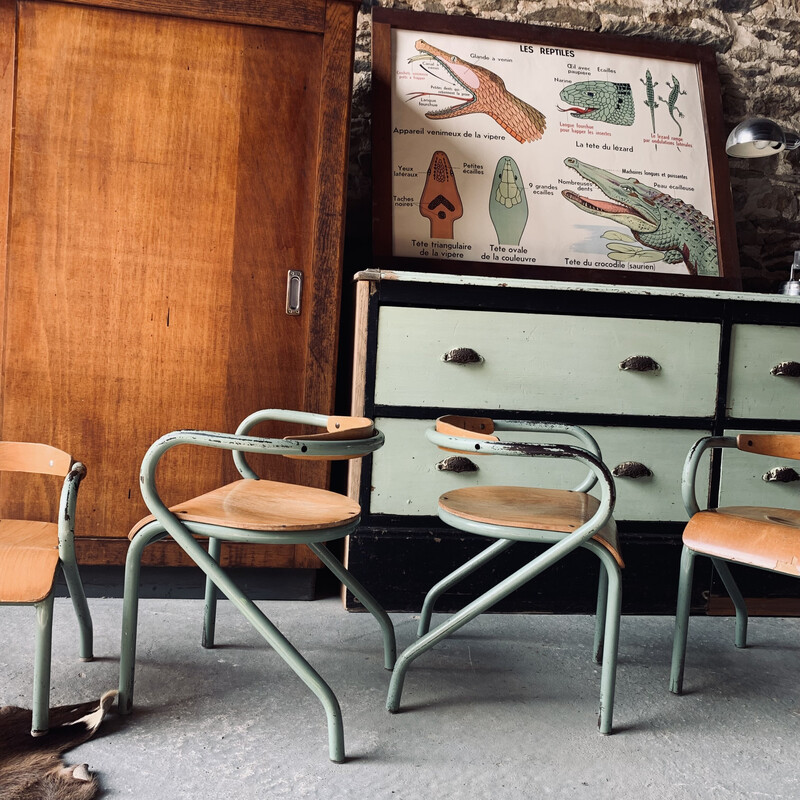 Set of 4 vintage wood and metal chairs for children