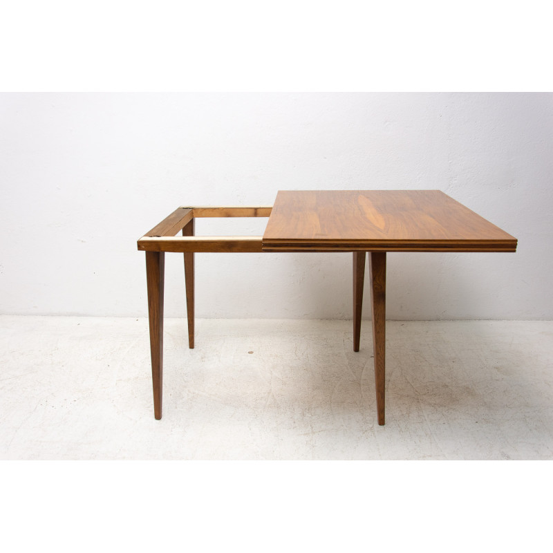 Mid century beech wood and walnut wood folding dining table, Czechoslovakia 1970s