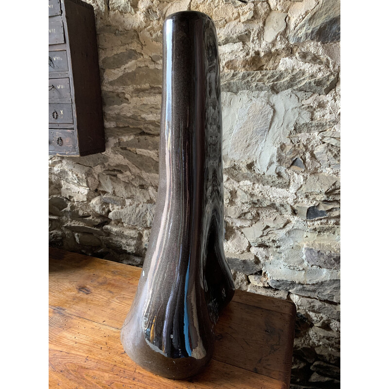 Vase vintage en céramique émaillé noir, 1970