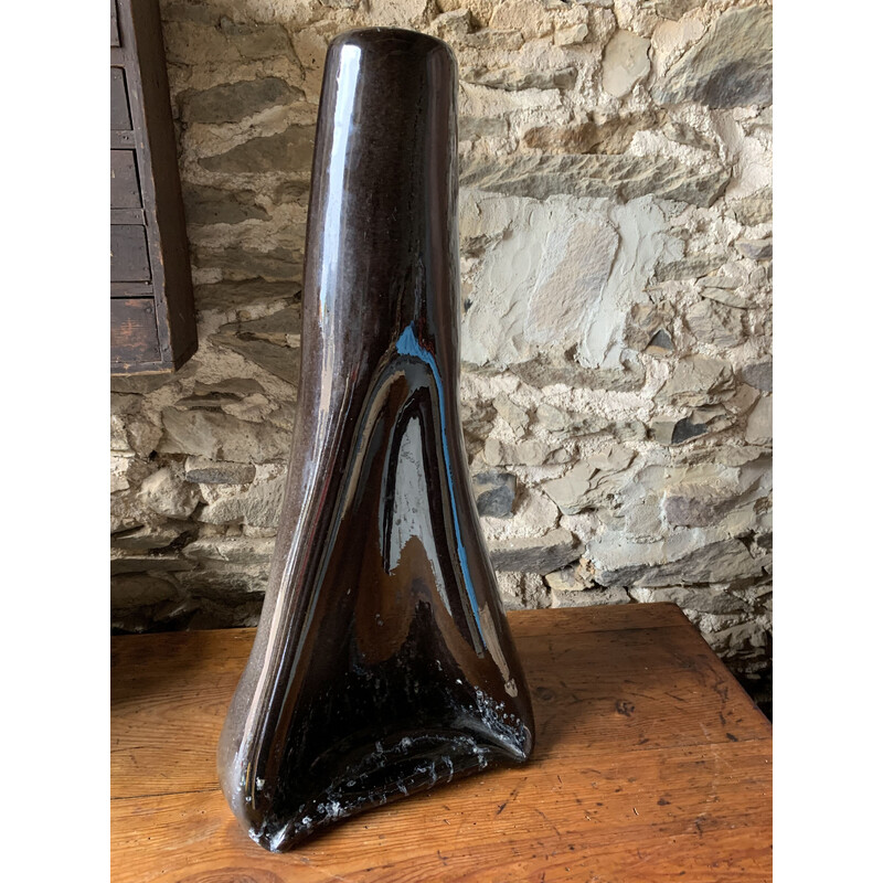 Vintage black glazed ceramic vase, 1970