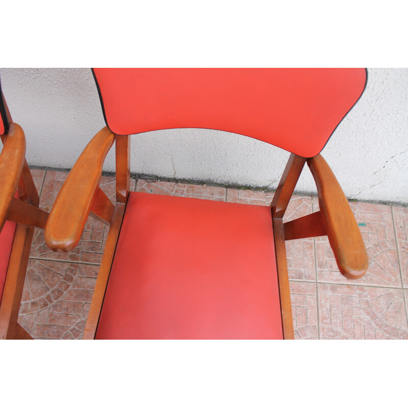 Pareja de sillas de puente de vinilo acanalado rojo vintage, 1950