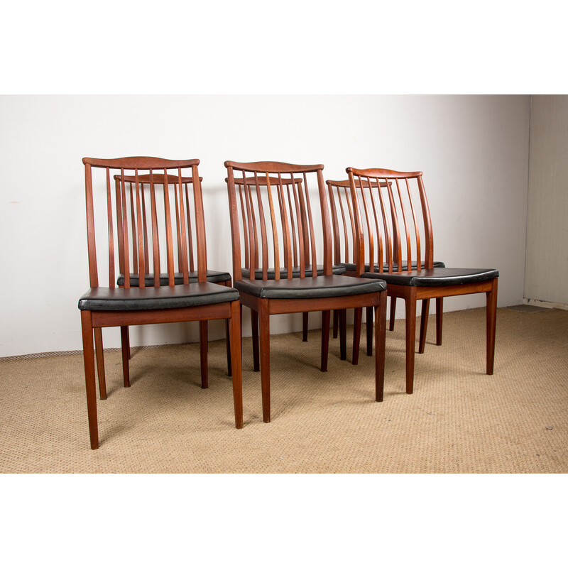 Set van 6 vintage Scandinavische teakhouten stoelen en zwarte skai zittingen, 1960