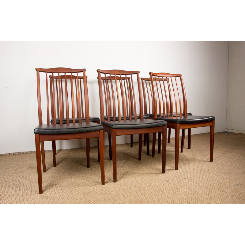 Set of 6 vintage Scandinavian teak chairs and black skai seats, 1960