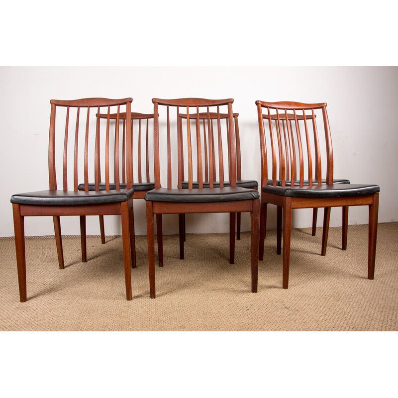 Set of 6 vintage Scandinavian teak chairs and black skai seats, 1960