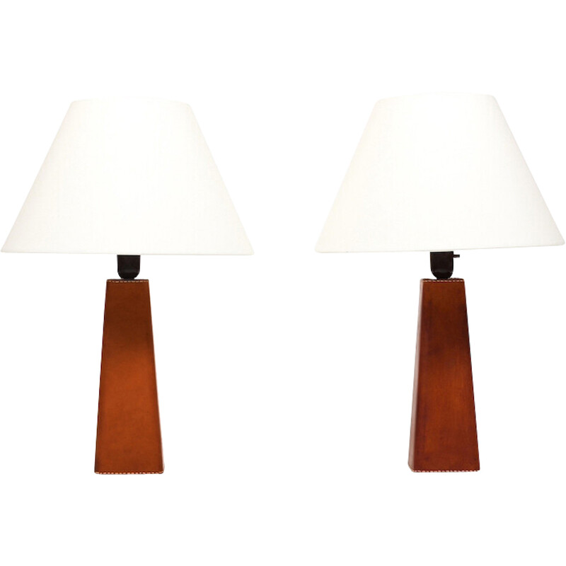 Pair of vintage cognac leather table lamps by Lisa Johansson-Pape for Illums Bolighus, Denmark 1960s