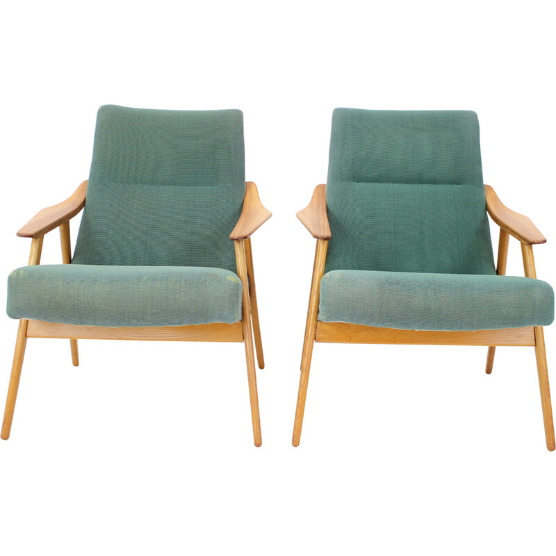 Pair of mid-century wood and fabric armchairs, Czechoslovakia 1960s