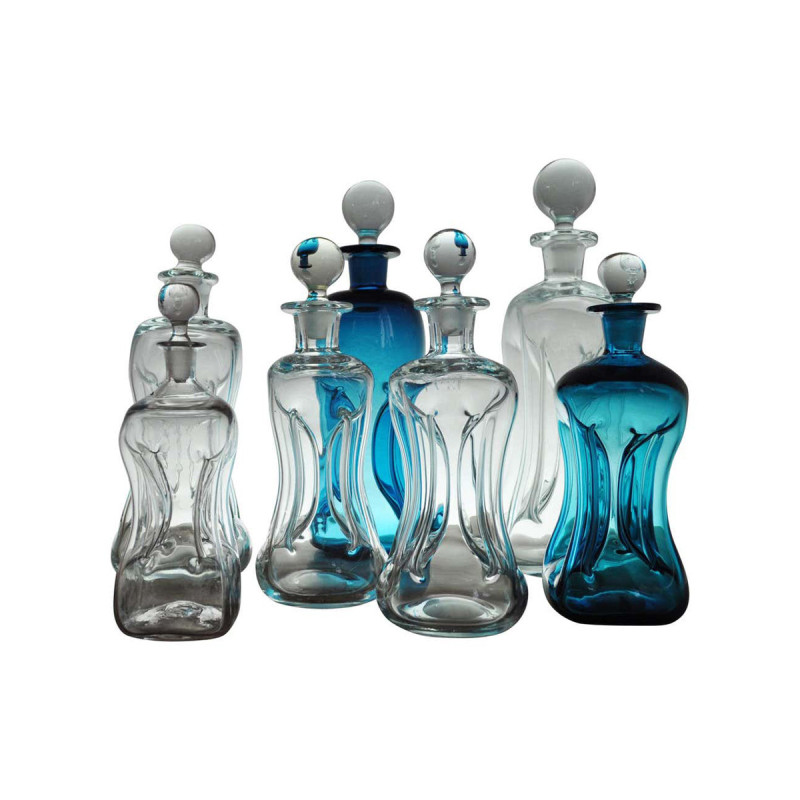 Set van 7 vintage mondgeblazen Holmegaard glas "Klukflasker".