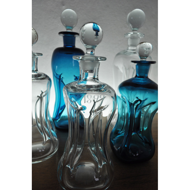 Set of 7 vintage mouth blown Holmegaard glass "Klukflasker"