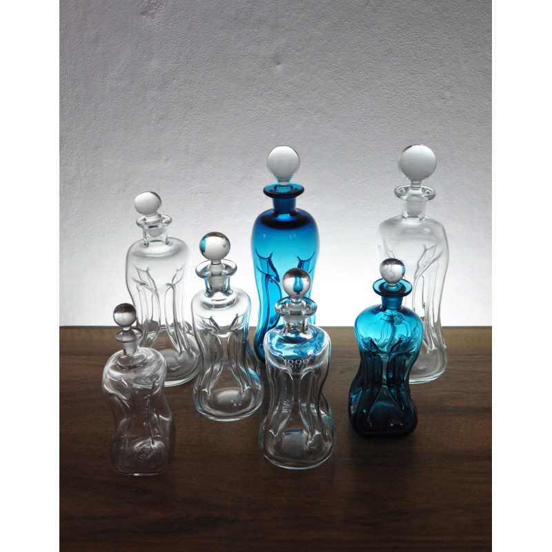 Set of 7 vintage mouth blown Holmegaard glass "Klukflasker"