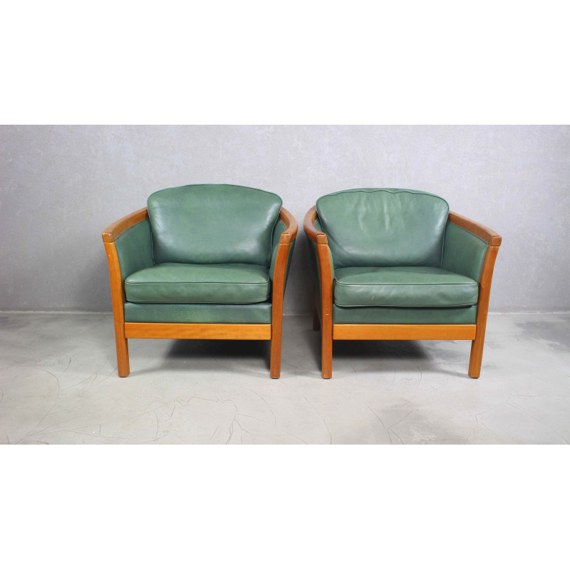 Pair of vintage green leather and solid cherry wood armchairs, Denmark 1970s