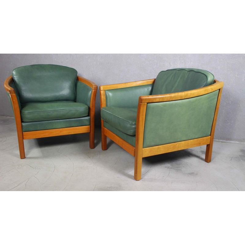 Pair of vintage green leather and solid cherry wood armchairs, Denmark 1970s