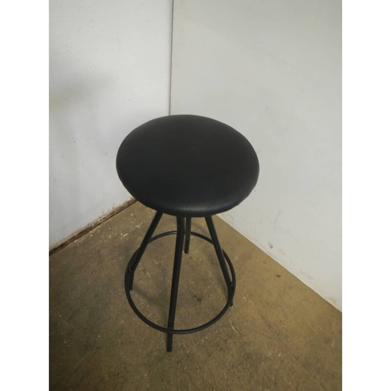 Vintage fixed stool in black iron and padded plywood
