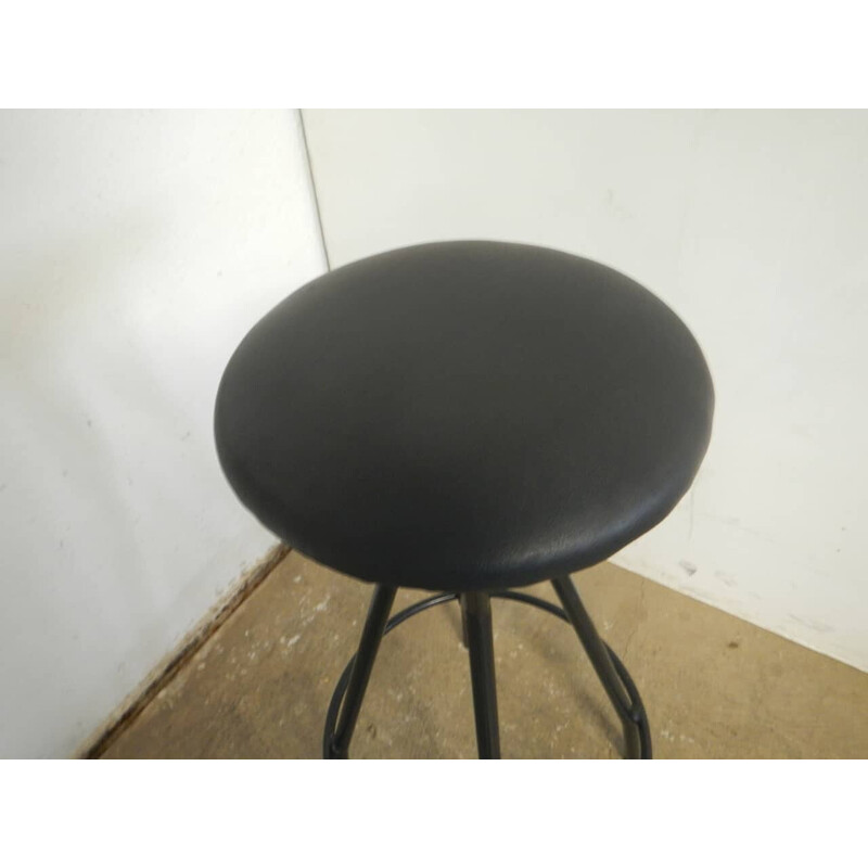 Vintage fixed stool in black iron and padded plywood