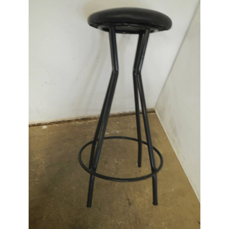 Vintage fixed stool in black iron and padded plywood