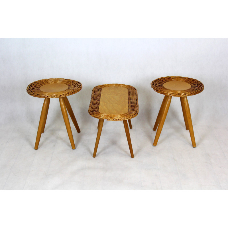 Set of 3 mid-century rattan stools by Jan Kalous for Úluv, Czechoslovakia 1960s