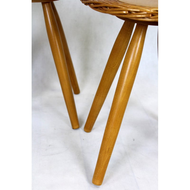 Set of 3 mid-century rattan stools by Jan Kalous for Úluv, Czechoslovakia 1960s