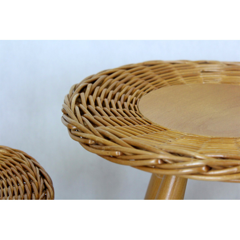 Conjunto de 3 bancos de rattan vintage de Jan Kalous para Úluv, Checoslováquia 1960