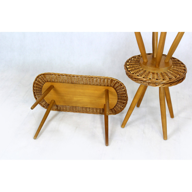 Ensemble de 3 tabourets vintage en rotin par Jan Kalous pour Úluv, Tchécoslovaquie 1960