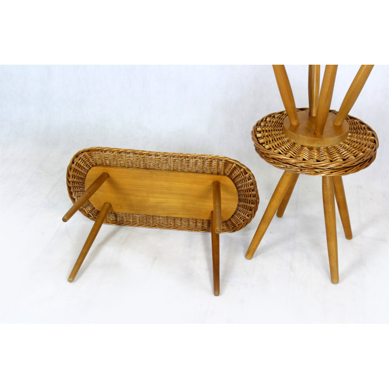 Set of 3 mid-century rattan stools by Jan Kalous for Úluv, Czechoslovakia 1960s