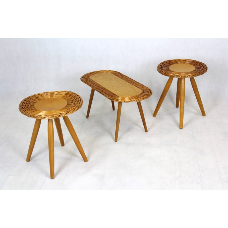 Set of 3 mid-century rattan stools by Jan Kalous for Úluv, Czechoslovakia 1960s