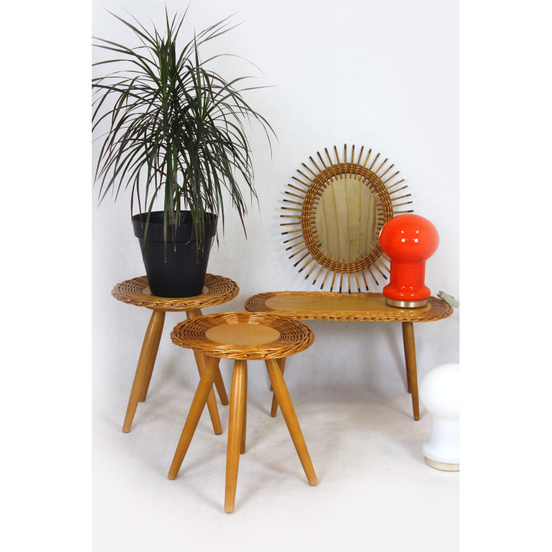 Set of 3 mid-century rattan stools by Jan Kalous for Úluv, Czechoslovakia 1960s