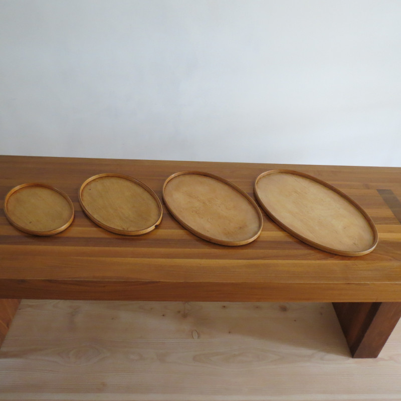 Set of 4 vintage birchwood and plywood oval serving trays, 1930s