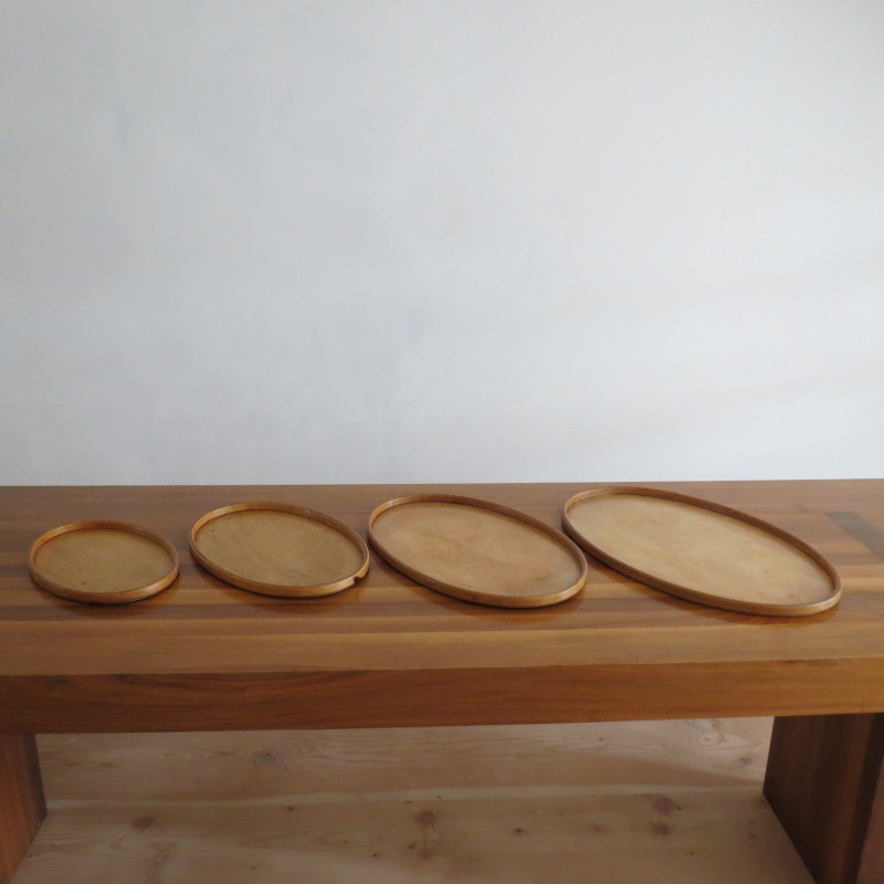 Set of 4 vintage birchwood and plywood oval serving trays, 1930s