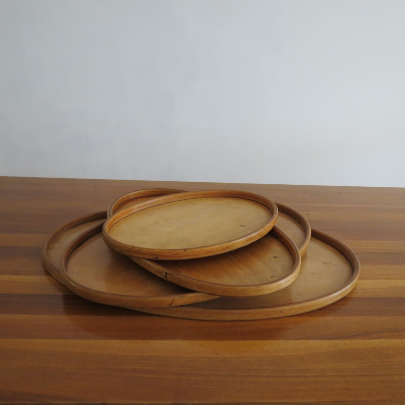 Set of 4 vintage birchwood and plywood oval serving trays, 1930s