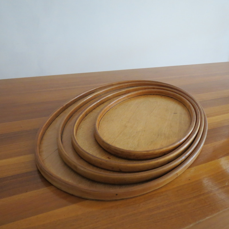 Set of 4 vintage birchwood and plywood oval serving trays, 1930s