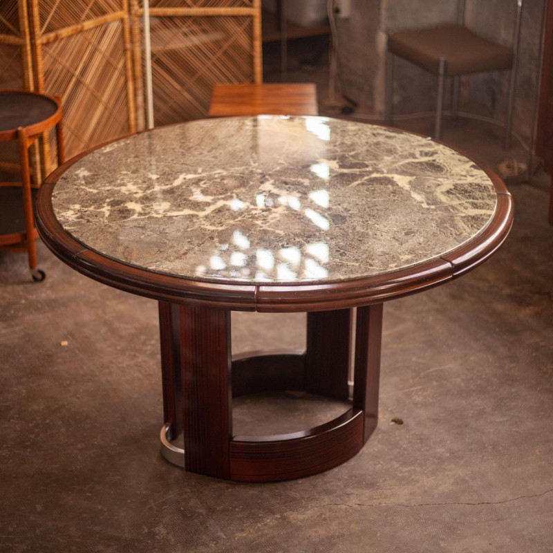 Brutalist vintage marble and rosewood dining table, France 1970s