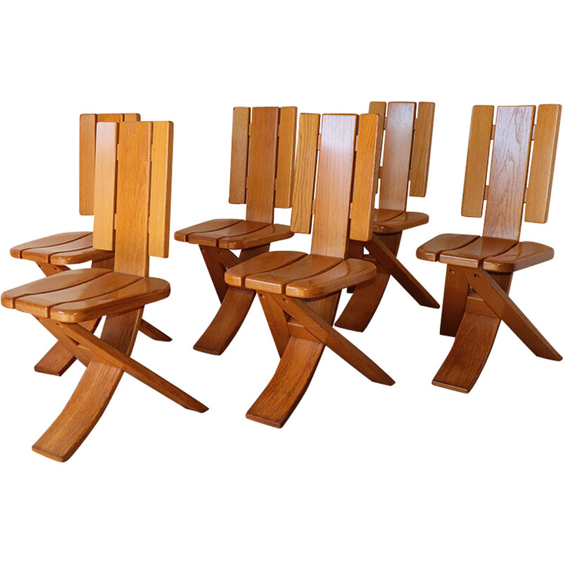 Set of 6 vintage solid oakwood tripod chairs, 1970