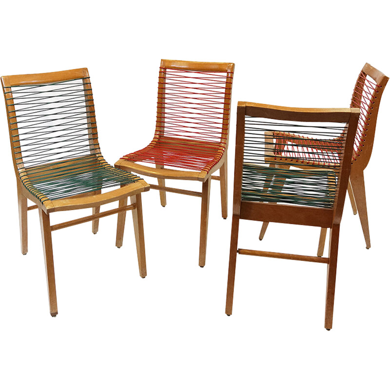 Conjunto de 4 cadeiras de madeira de faia vintage com arame de arame vermelho e verde por Louis Sognot