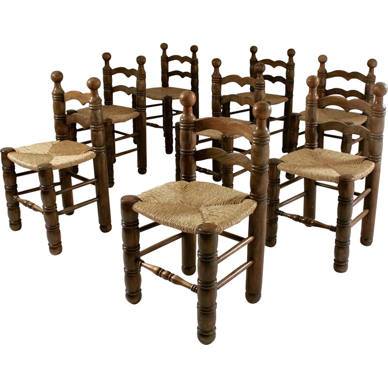 Lot de 8 chaises vintage en bois et assises paillées par Charles Dudouyt, France 1950