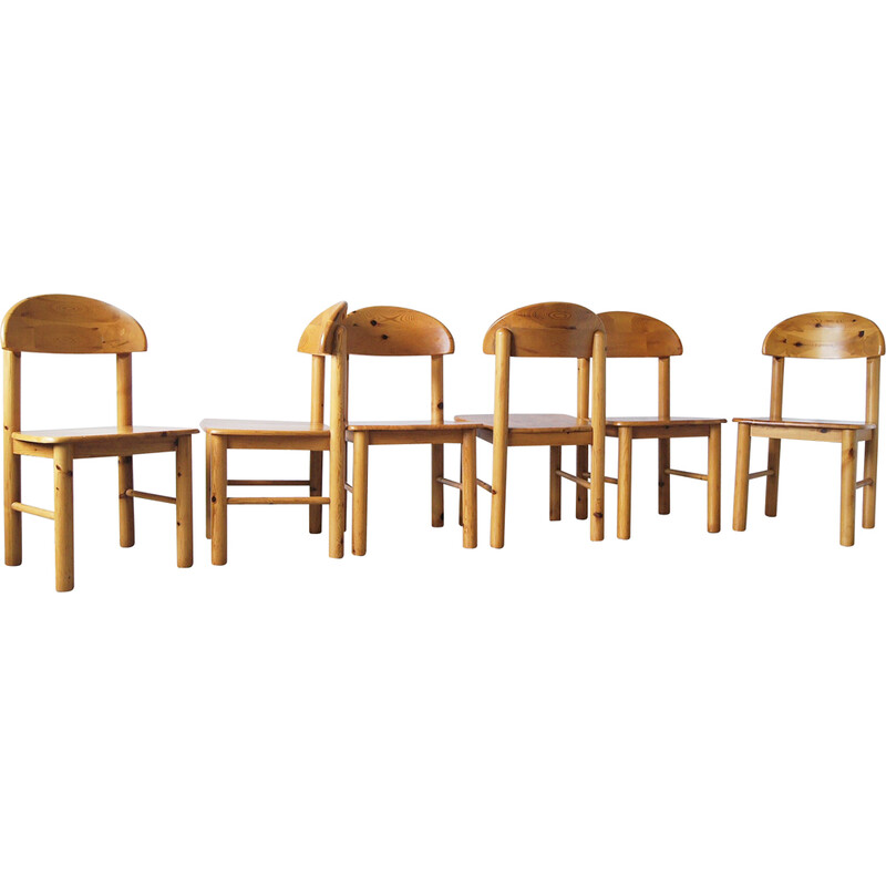 Set of 6 vintage Brutalist pine wood dining chairs by Rainer Daumiller for Hirtshals Savvaerk