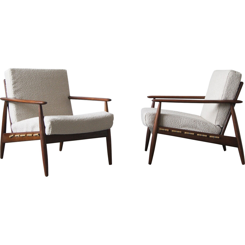 Pair of vintage Danish teak armchairs with upholstered