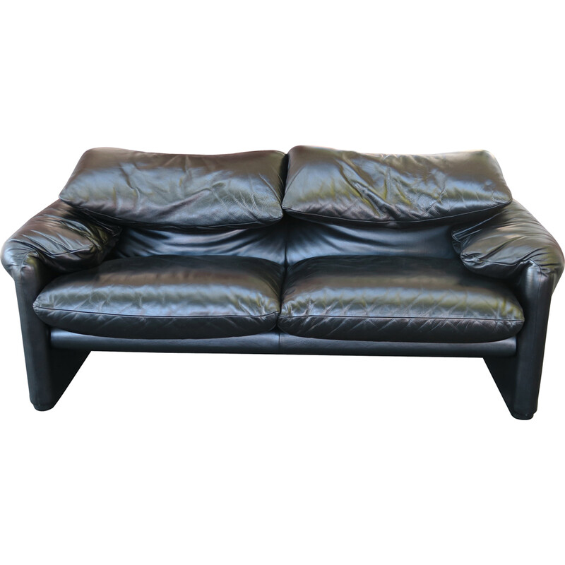 "Maralunga" vintage sofa in black leather by Vico Magistretti for Cassina