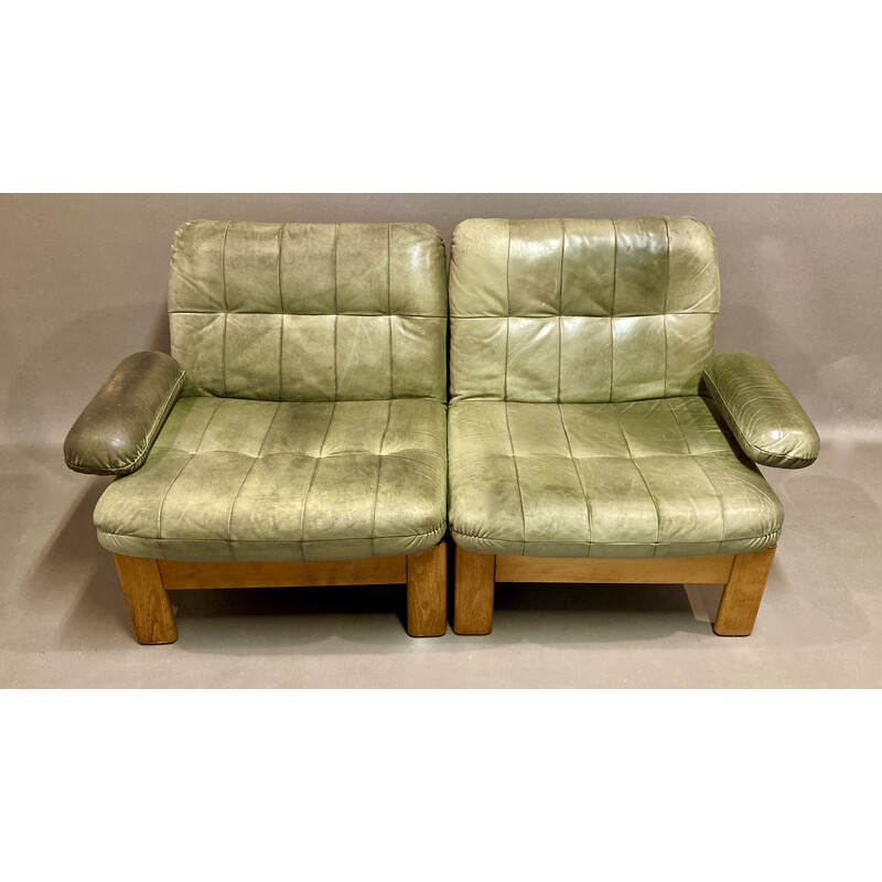 Set of 4 vintage leather and teak armchairs, 1960