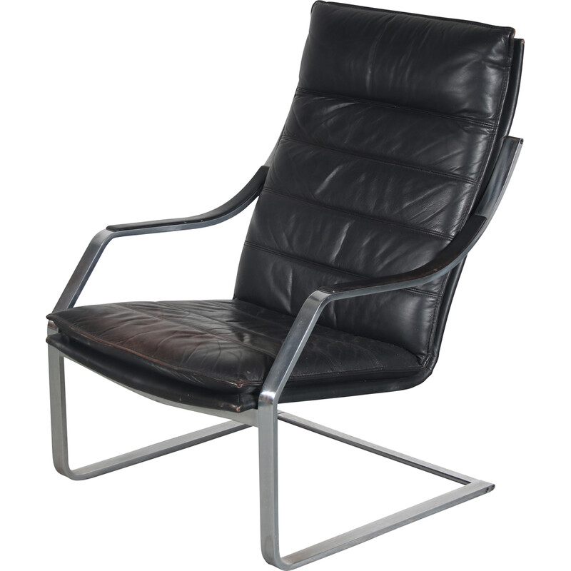 Fauteuil vintage en chrome et cuir noir par Rudolph Glatzl pour Walter Knoll, Allemagne 1970