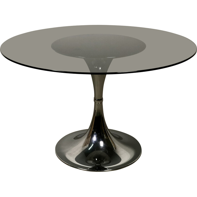 Round vintage tulip table in chrome and smoked glass, 1970