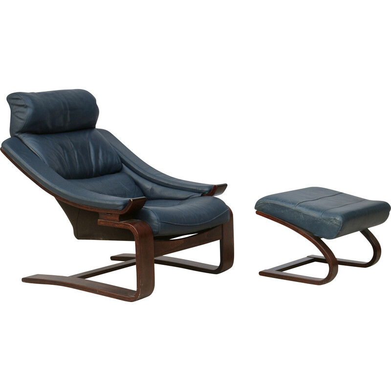 Vintage Kroken armchair in blue leather with footrest by Ake Fribytter for Nelo Möbel, Sweden 1970