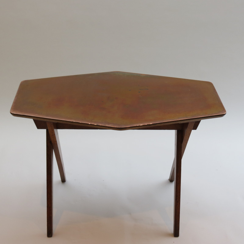 Vintage copper and oakwood side table, 1950s